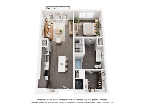Floor plan for 1 bed, 1 bath, 688 sqft